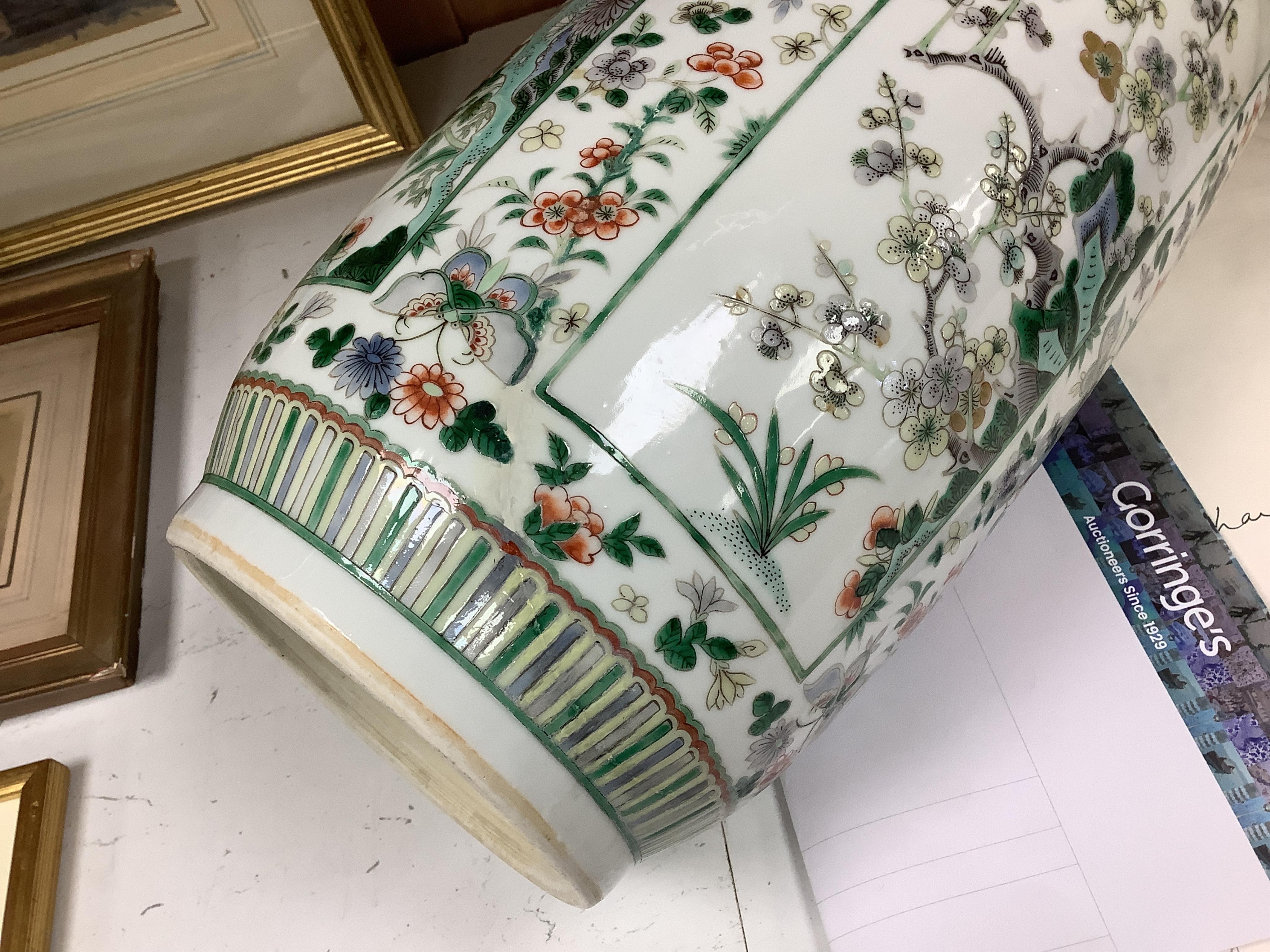 A Chinese famille verte rouleau vase, 19th century, 46cm